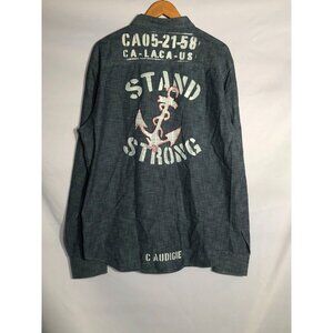 Christian Audigier Shirt Mens XXL Button Front Stand‎ Strong Blue Embellished